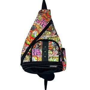 Crocs Graffiti Print Sling  Crossbody Backpack Neon Green Interior Multi-Color